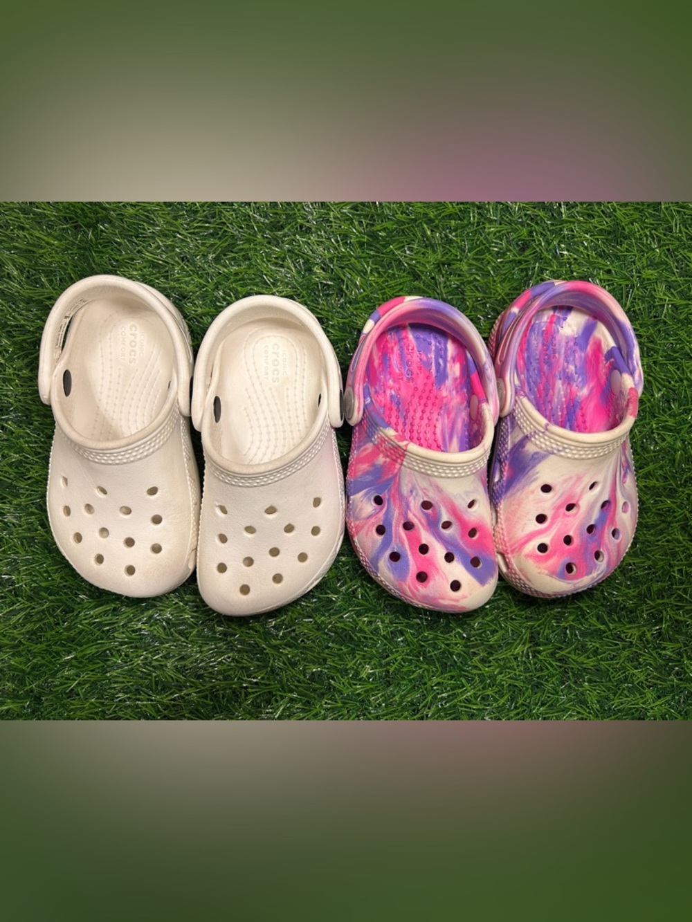 CROCS Kids Classic Clogs - White AND Pink Purple Swirl